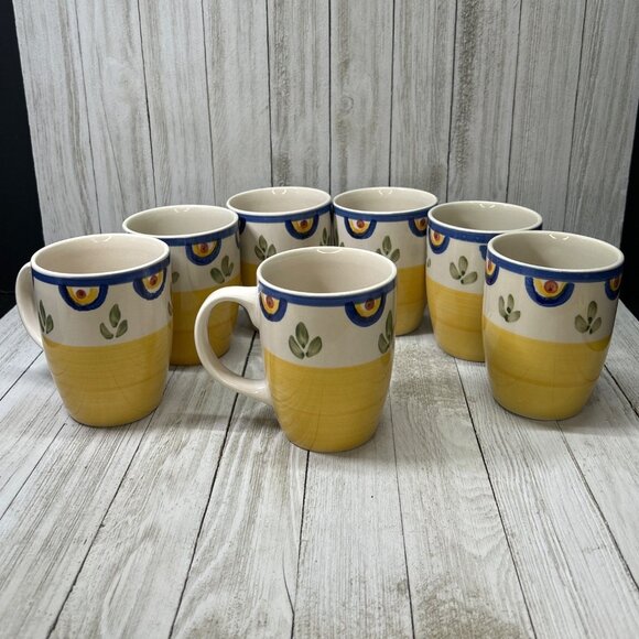 Vtg Talavera by Philippe Richard Coffee Mugs Cups Yellow Blue Floral - Set of 7 - Picture 3 of 7
